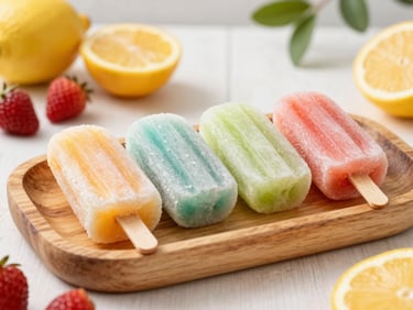 A rustic wooden tray carrying four colorful paletas side-by-side, vibrant fresh fruits scattered around, bright natural daylight.