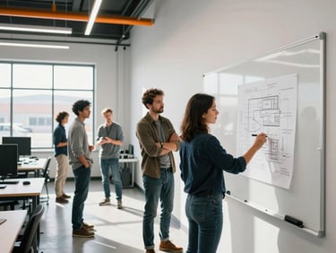 Wide environmental shot of a modern clean industrial workspace in Draper, Utah, founders collaborating over a whiteboard with blueprint schematics, natural sunlight, 35mm