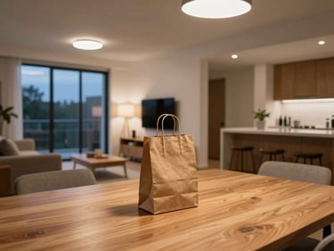 A clean, modern apartment interior in Arlington at dusk, warm interior lighting, a wooden table in the foreground with a small, elegant paper bag, wide environmental shot.