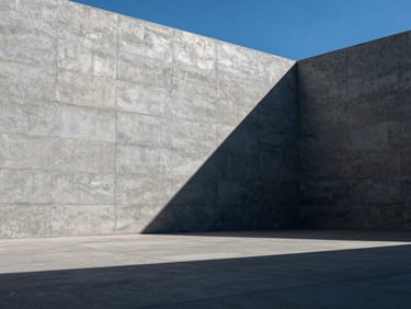 Wide environmental shot of a monolithic modern concrete structure, sharp linear shadows, empty space, cool silver and deep blue tones.