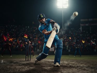 Dynamic low-angle action shot of an Indian cricket batsman hitting a ball under intense stadium floodlights, dark cinematic atmosphere, red neon glow, 35mm
