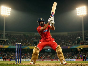 Indian cricket batsman in powerful follow-through stance, stadium lights, gold neon glow, cinematic, 35mm.