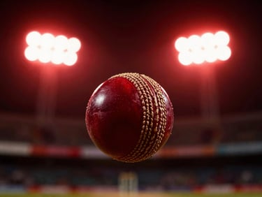 Close-up of a cricket ball spinning mid-air, dramatic red backlighting, high contrast, 35mm.