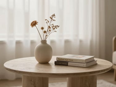 Styled coffee table with ceramic vase, dried flowers, and a stack of design books, soft diffused light, muted beige palette, 35mm
