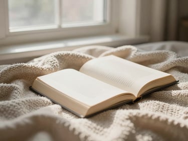 Close-up of a cozy reading nook with a textured blanket and a book, soft window light, warm neutral tones, 35mm