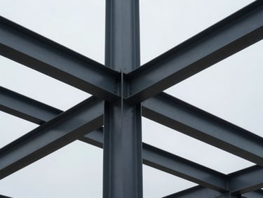 Extreme close-up of a high-end architectural steel structure, sharp geometric lines, cool overcast daylight, deep charcoal tones, sharp focus, 35mm