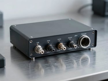 Extreme close-up of a clean, organized brushed-metal workspace with a single high-end hardware interface, cool studio lighting, sharp focus, 35mm