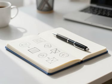 Bright minimalist workspace flooded with natural morning daylight, a clean notebook with hand-written strategy sketches, a single pen, shallow depth of field, 50mm lens.