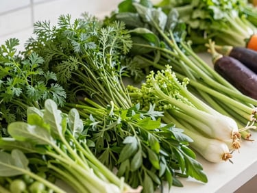 Close-up of vibrant green herbs and hand-selected local vegetables neatly arranged, bright natural light.