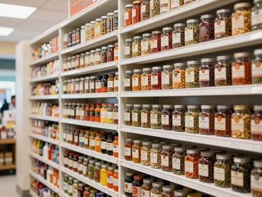 Neatly organized shelves displaying premium global brands and authentic international spices.