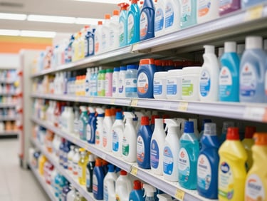 Spotless household cleaning and personal care aisle with neatly organized products.