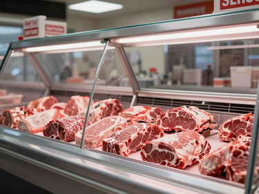 Clean butchery counter with premium cuts of meat behind spotless glass, bright commercial lighting.