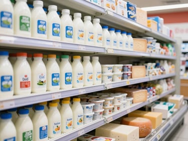 Brightly lit dairy aisle with fresh milk, yogurts, and cheeses perfectly aligned on clean shelves.