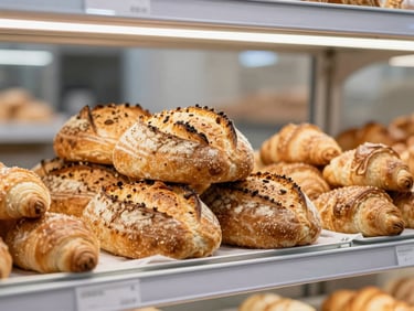Golden-brown artisanal bread loaves and fresh pastries stacked on a clean bakery display shelf.