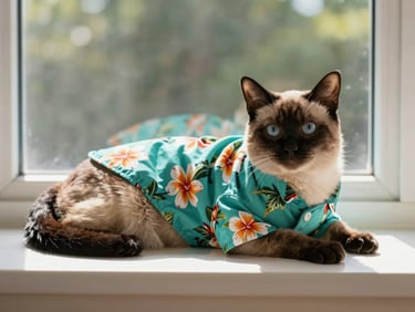 A calm Siamese cat wearing a stylish teal Hawaiian shirt lounging on a sunny windowsill, soft shadows