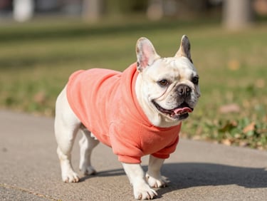 A cheerful French bulldog wearing a bright coral pet hoodie walking in a park, warm daylight, 50mm lens