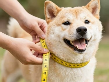 Close-up of hands gently measuring a happy dog's chest with a soft yellow measuring tape, warm natural light