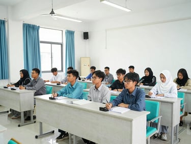 Bright editorial photo of a modern campus lecture hall at STIKES Bhakti Pertiwi Luwu Raya, students attending an academic seminar, natural daylight