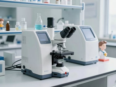 A modern medical laboratory with high-tech equipment, clean white counters, microscope, and clinical training models, bright daylight, sharp focus