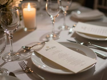 Close-up of a luxury wedding table setting, warm candlelight reflecting on crystal glassware and heavy textured paper menus, elegant composition, 35mm lens