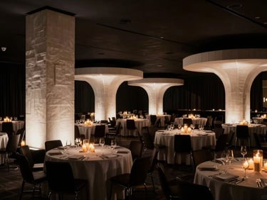 Dramatic wide-angle shot of a corporate gala venue, high-contrast lighting highlighting custom-fabricated spatial structures and modern design elements, 35mm lens