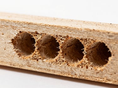 Macro shot of termite damage inside structural wood, showing hollowed galleries under clinical white light