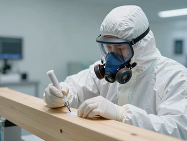 A professional technician in white protective gear and respirator applying a precise chemical barrier to a wooden beam, clinical lighting, sterile environment