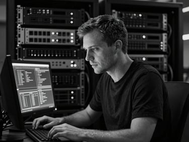 Monochrome high-contrast portrait of a technical lead in deep concentration, server rack background, cool blue lighting, 35mm