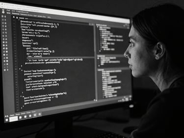 Monochrome high-contrast portrait of a female software architect looking at code, dark-mode terminal reflection, 35mm
