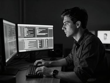 Monochrome high-contrast portrait of a focused male engineer in a dark office, cool blue monitor glow, 35mm