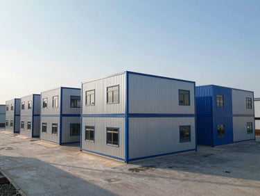Wide environmental shot of a multi-story modular building complex on an active industrial site, sharp clean lines, late afternoon sun casting long shadows