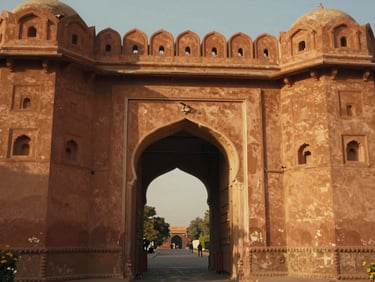 Warm documentary shot of a vintage fort gateway in Jaipur, golden-hour light reflecting on terracotta walls