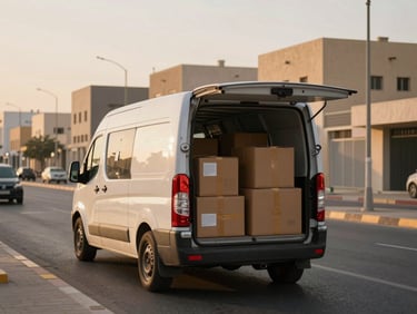 Wide environmental shot of a delivery van moving through a Saudi urban street at golden hour, parcels stacked and secured in the open cargo area visible through rear window, city blocks receding in background, natural warm afternoon light
