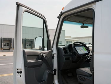 Close-up framing of a white logistics truck cab parked at a Saudi distribution hub, driver's door open, tablet mounted on dashboard showing route map, facility loading dock visible in background under natural daylight