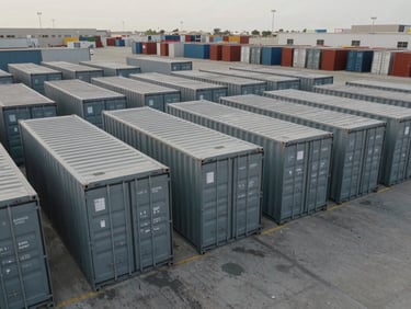 Overhead perspective of a row of grey shipping containers lined up in a Saudi logistics yard under overcast daylight, container doors latched, wide shot showing scale of the yard with facility building at far edge