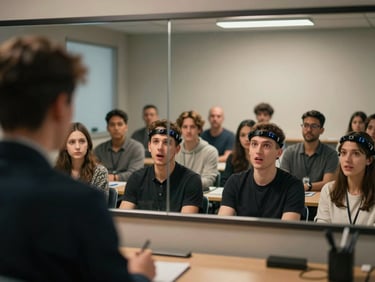 Wide shot of a focus group room from behind a one-way mirror, participants mid-conversation with animated expressions, neuro sensor headbands visible on two subjects, warm overhead light casting subtle shadows on faces, researcher silhouette in foreground