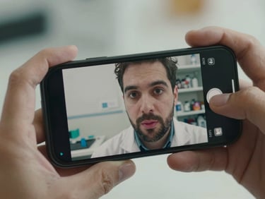Close-up of a smartphone screen playing a short vertical video, a researcher's face mid-expression visible in the frame, candid documentary lighting, hands holding the device
