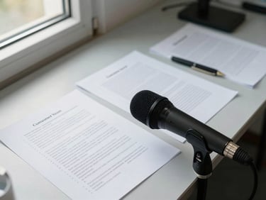 Overhead documentary shot of a podcast recording setup in a research facility, microphone in foreground, printed consumer verbatim notes spread on the table, natural north-facing light from a side window