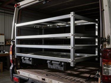 Heavy-duty steel ladder racks and toolboxes mounted on a commercial truck bed inside a dimly lit workshop, dramatic shadows.
