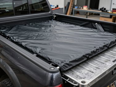 A sleek black folding truck bed cover installed on a heavy-duty pickup truck, overcast Pennsylvania daylight on steel surfaces.