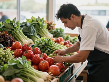 Overhead shot of a vibrant farmer's market stall with fresh produce, a chef inspecting ingredients, soft natural window light, rich crimson and forest green tones, shallow depth of field