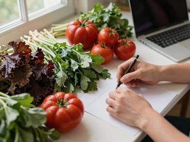 Overhead shot of hands planning content on a large table, with seasonal produce and a laptop, soft natural window light, rich crimson and forest green tones, shallow depth of field