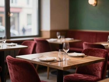 Cozy Scandinavian-style restaurant interior, warm lighting, empty tables set for dinner, soft natural window light, rich crimson and forest green accents, shallow depth of field.