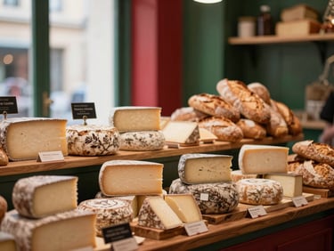 Bustling modern food market stall, artisan cheeses and breads on display, soft warm interior glow, rich crimson and forest green accents, shallow depth of field.