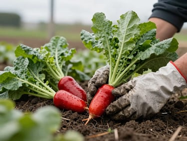Close-up of fresh, organic vegetables being harvested from rich soil by gloved hands, overcast outdoor daylight, rich crimson and forest green tones, shallow depth of field.