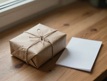 Overhead close-up of a small wrapped package and a folded paper note on a wooden surface, soft natural light from a window, simple and intimate framing