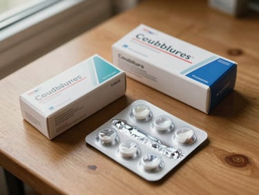 Overhead close-up of a medicine box and a blister pack on a wooden table, natural window light from the side, warm tones, no hands, simple composition