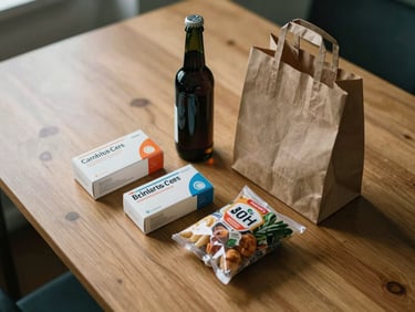 Overhead shot of a wooden table with a medication box, a glass beverage bottle, a small bag of groceries and a folded paper bag arranged close together, natural midday light from a nearby window casting soft shadows, intimate documentary framing with no branded elements