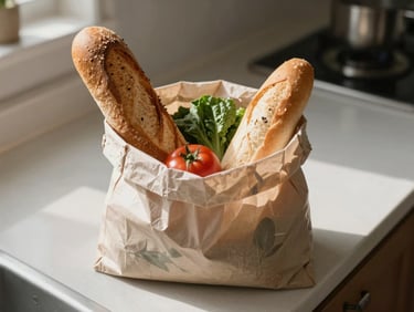 Overhead close-up of a small grocery bag with bread and vegetables on a kitchen counter, natural midday light, warm neutral tones