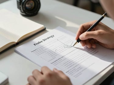Close detail shot of hands reviewing a printed financial strategy document on a clean desk, annotations in pencil visible, soft natural office daylight from the left, ruled notebook open beside the report